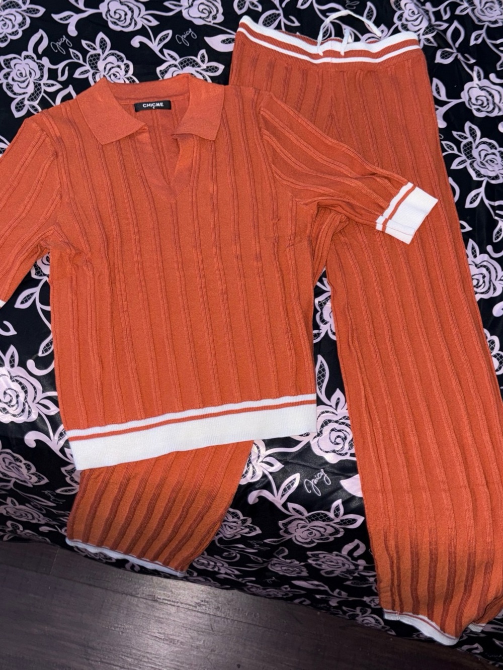 chic Orange Knit Two-Piece Pajama Set with White Trim